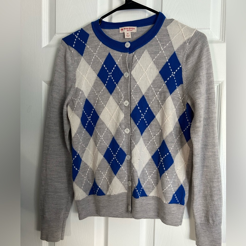 Brooks‎ Brothers Wool Blue Argyle button up Cardigan Sweater Size Medium